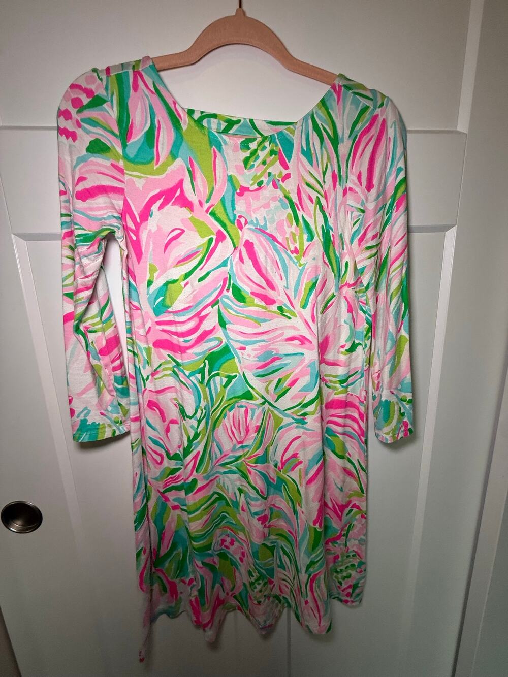 Lilly Pulitzer Marlowe Dress XS Pink Green Tropical Floral Ladder Back 3/4 Sleev